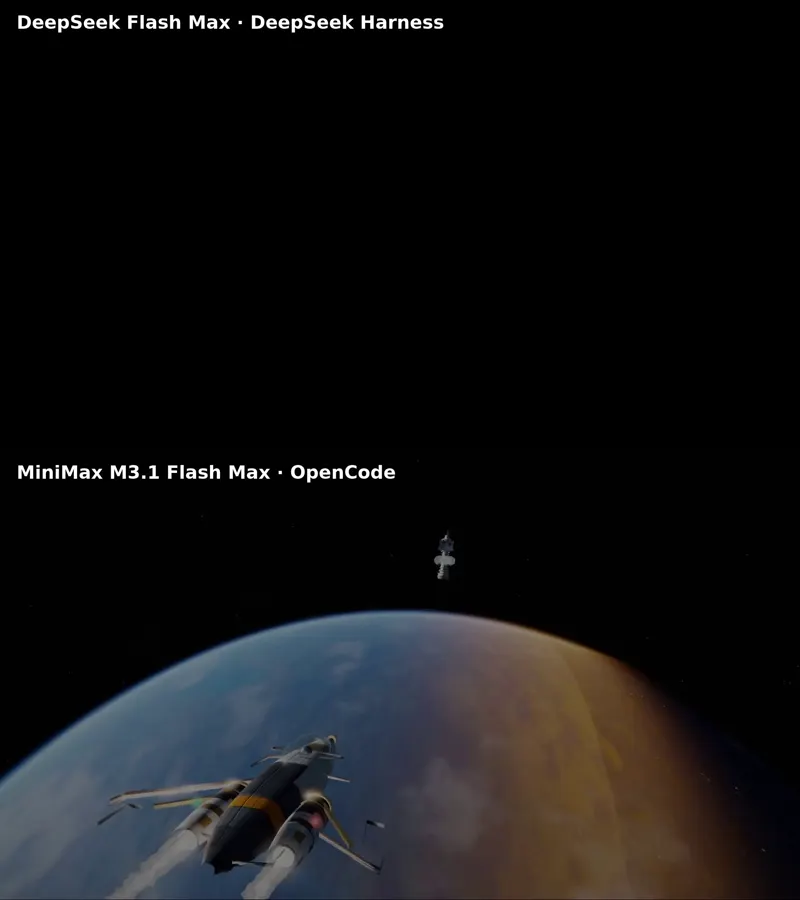 Spaceship over a planet, DeepSeek 1017 vs MiniMax: DeepSeek V4.1 Flash 1017 vs MiniMax M3.1 Flash