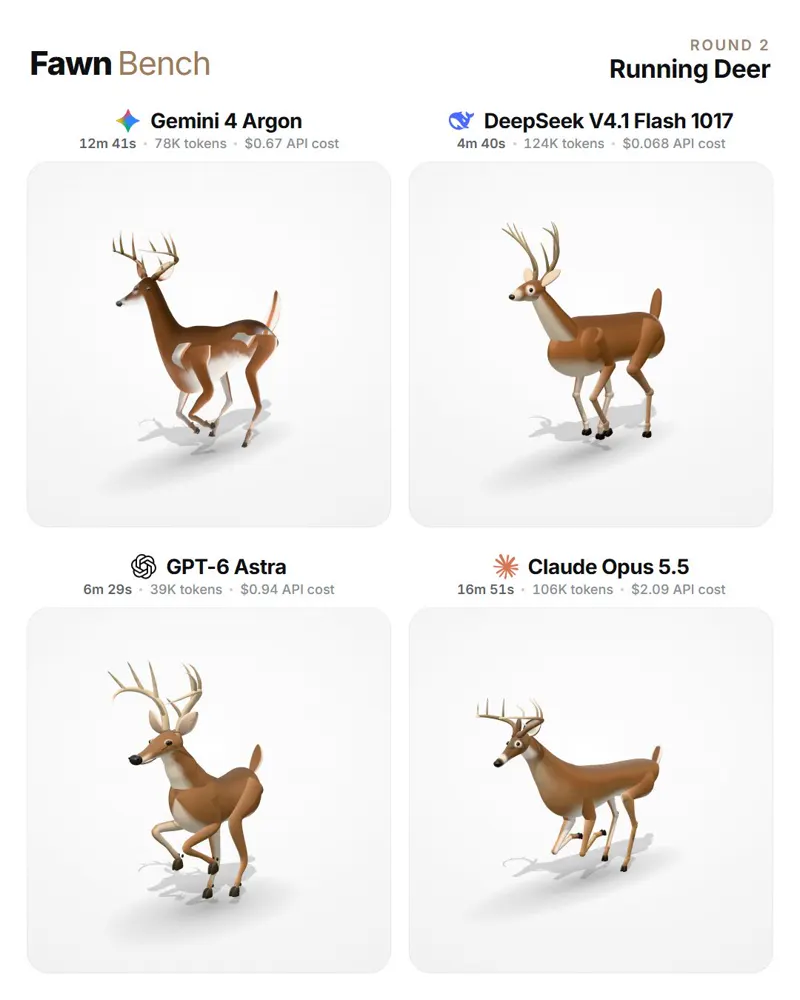 FawnBench round 2: running deer: Gemini 4 Argon vs DeepSeek V4.1 Flash 1017 vs GPT-6 Astra vs Claude Opus 5.5