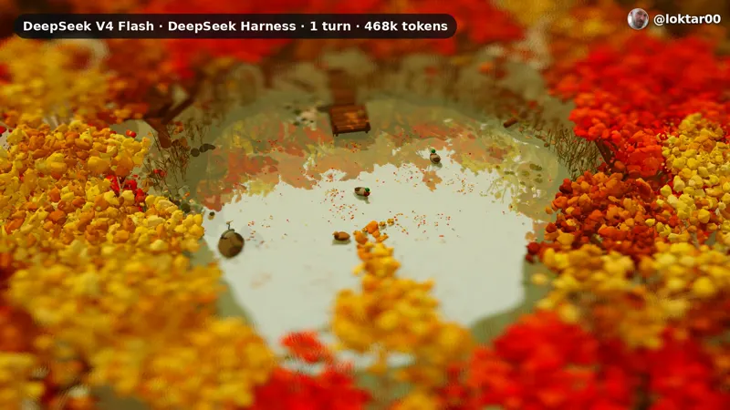 Autumn forest pond scene, DeepSeek 1017 vs Opus: DeepSeek V4.1 Flash 1017 vs Claude Opus 5.5