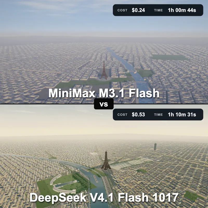 Eiffel Tower benchmark, MiniMax vs DeepSeek 1017: MiniMax M3.1 Flash vs DeepSeek V4.1 Flash 1017