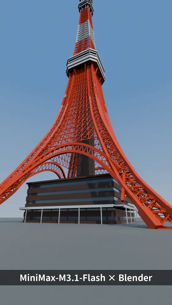 Tokyo Tower in Blender, MiniMax M3.1 Flash solo: MiniMax M3.1 Flash (solo run)