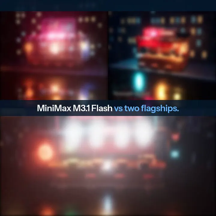 Three.js scene: MiniMax M3.1 Flash vs two flagships: MiniMax M3.1 Flash vs Claude Fable 5.1 vs GPT-6 Astra