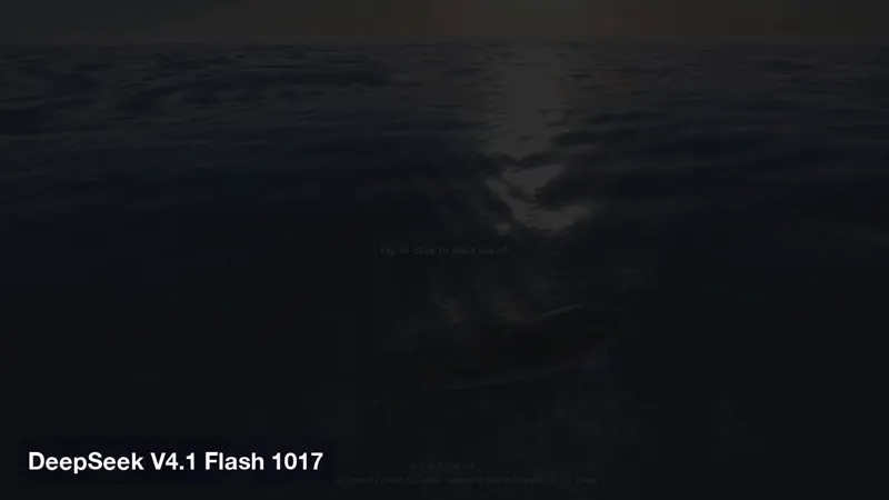 Whale breach in Three.js, four models one-shot: DeepSeek V4.1 Flash 1017 vs MiniMax M3.1 Flash vs GPT-6.1 Sol vs Claude Opus 5.5