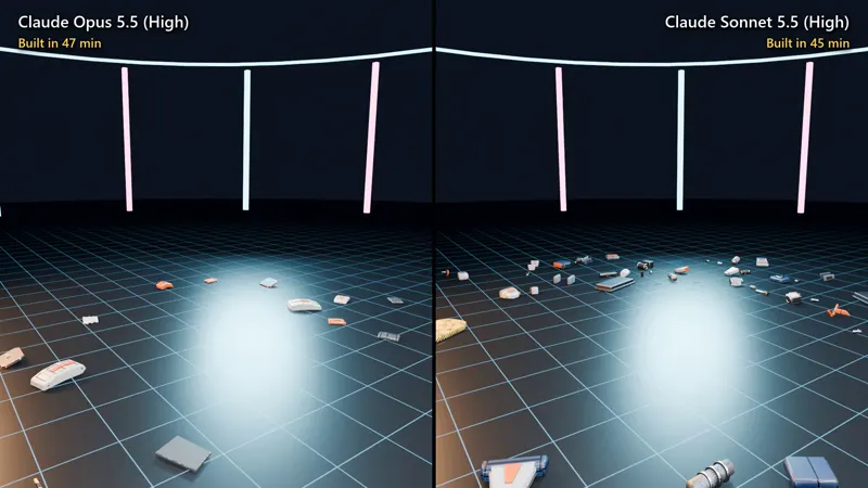 Self-assembling walking mech in Blender, Opus vs Sonnet: Claude Opus 5.5 vs Claude Sonnet 5.5