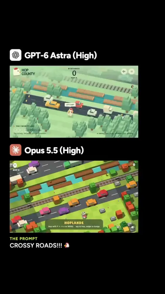 Crossy Road clone, Astra vs Opus on High: GPT-6 Astra vs Claude Opus 5.5