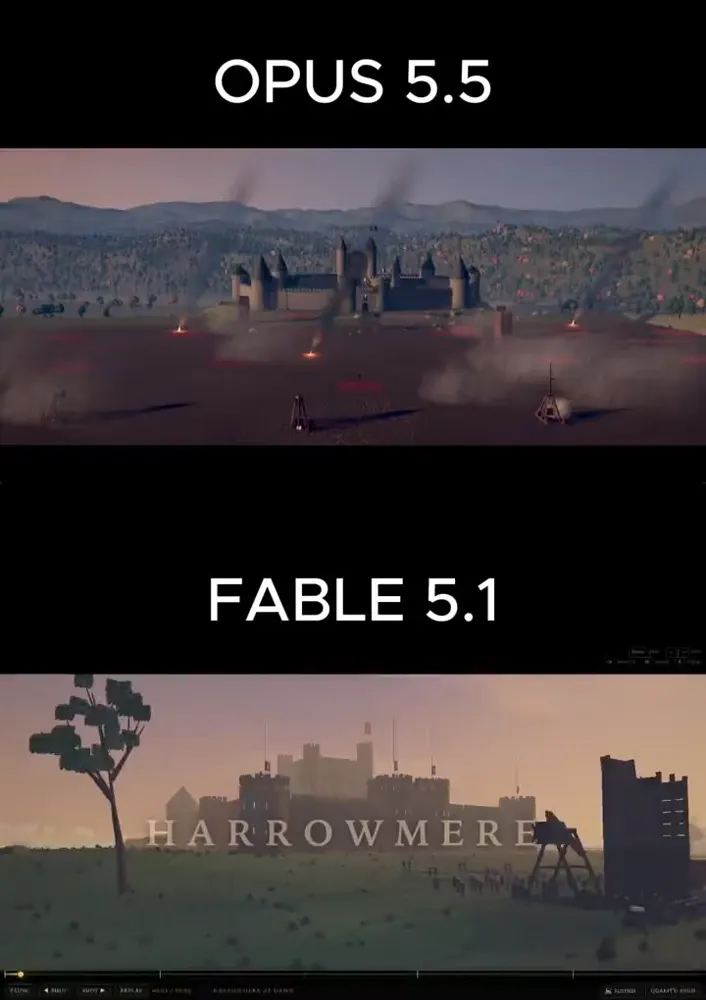 Medieval castle siege animation, Opus vs Fable: Claude Opus 5.5 vs Claude Fable 5.1