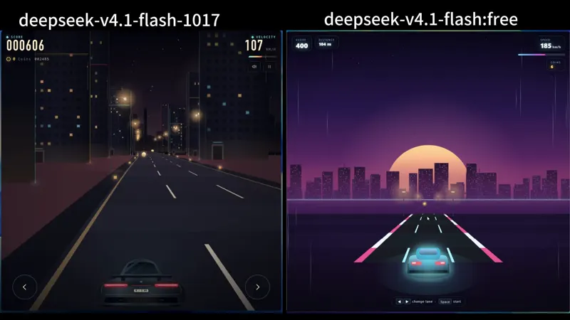 Neon night racing game, V4.1 Flash vs 1017: DeepSeek V4.1 Flash 1017 vs DeepSeek V4.1 Flash