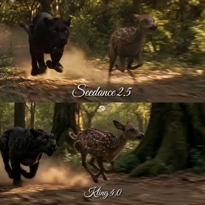 Panther chasing a fawn, Seedance vs Kling: Seedance 2.5 vs Kling 4.0