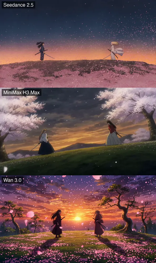 Cherry-blossom sword duel, three video models: Seedance 2.5 vs MiniMax H3 Max vs Wan 3.0
