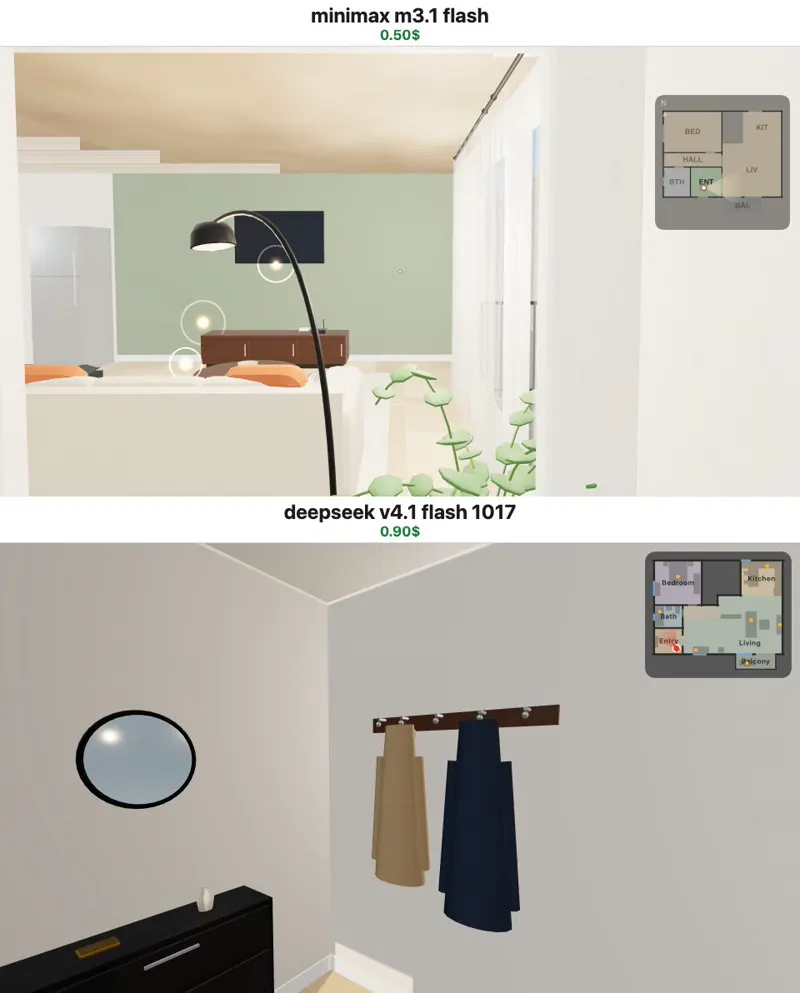 3D apartment walkthrough, DeepSeek vs MiniMax: DeepSeek V4.1 Flash 1017 vs MiniMax M3.1 Flash