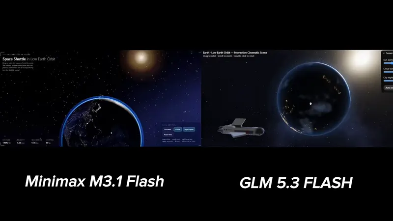 Earth with a space shuttle in low orbit, two Flash models: MiniMax M3.1 Flash vs GLM 5.3 Flash