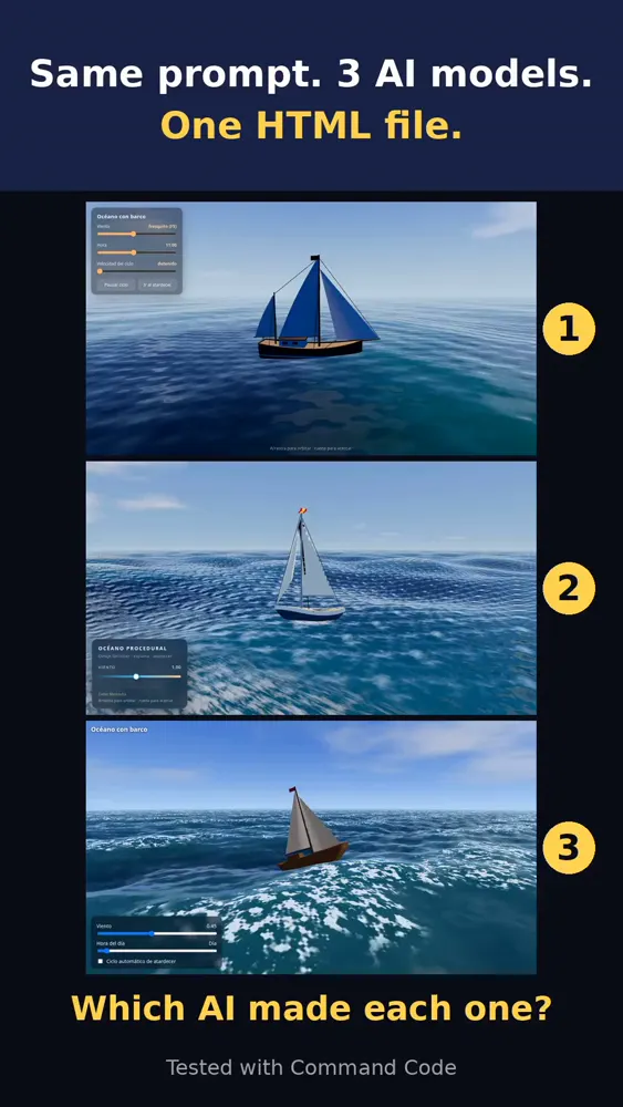Procedural ocean with a sailboat, blind test of 3 models: MiniMax M3.1 Flash vs Claude Sonnet 5.5 vs Claude Opus 5.5