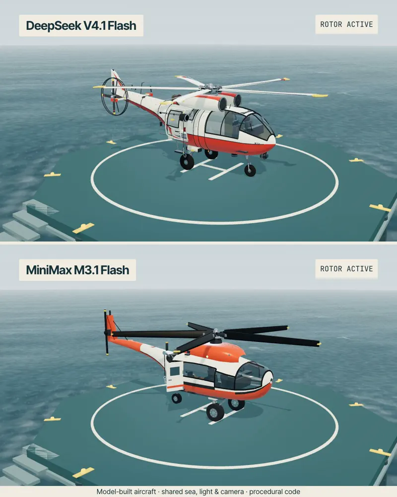 Rescue helicopters from code, MiniMax vs DeepSeek: DeepSeek V4.1 Flash 1017 vs MiniMax M3.1 Flash