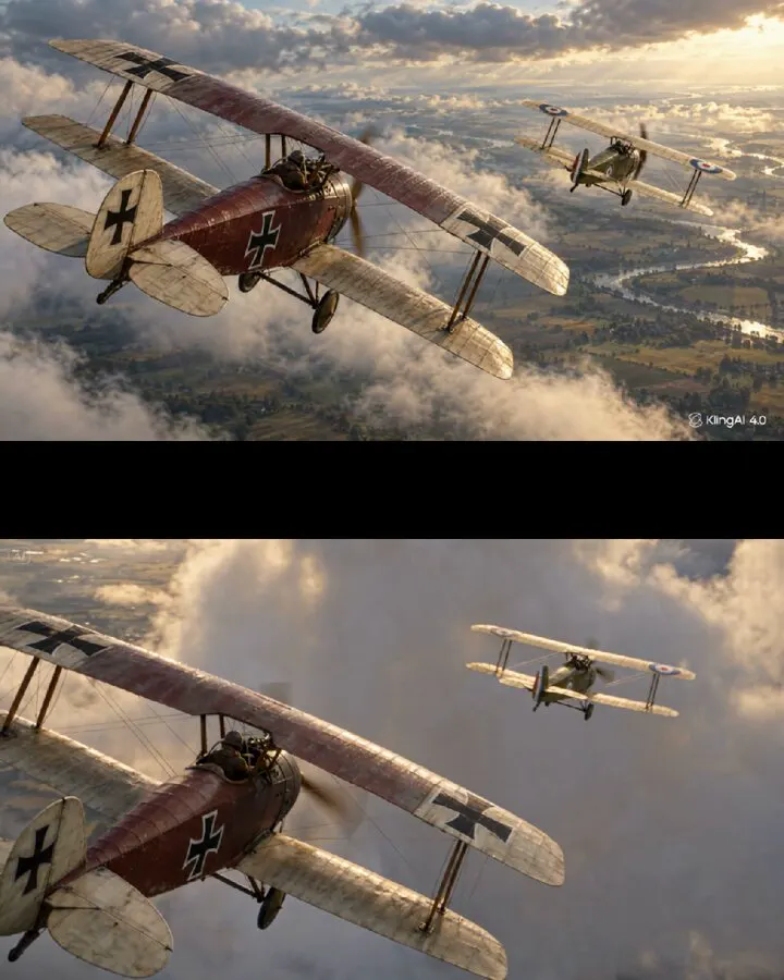 WWI biplane dogfight, Kling 4.0 vs Seedance 2.5: Kling 4.0 vs Seedance 2.5