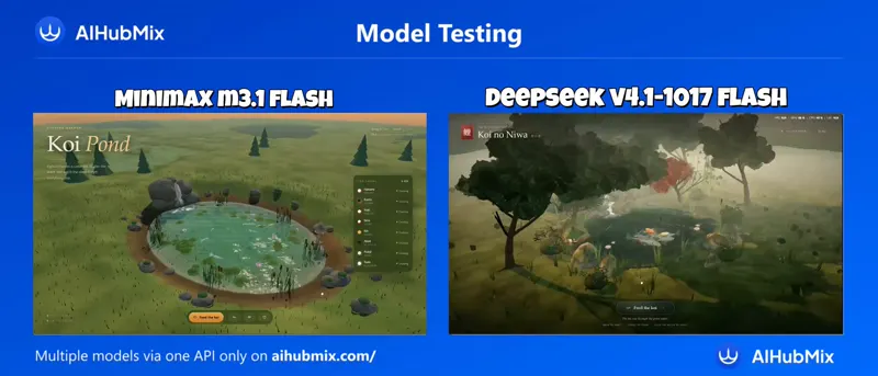 Same-prompt 3D scene, DeepSeek 1017 vs MiniMax M3.1 Flash: MiniMax M3.1 Flash vs DeepSeek V4.1 Flash 1017