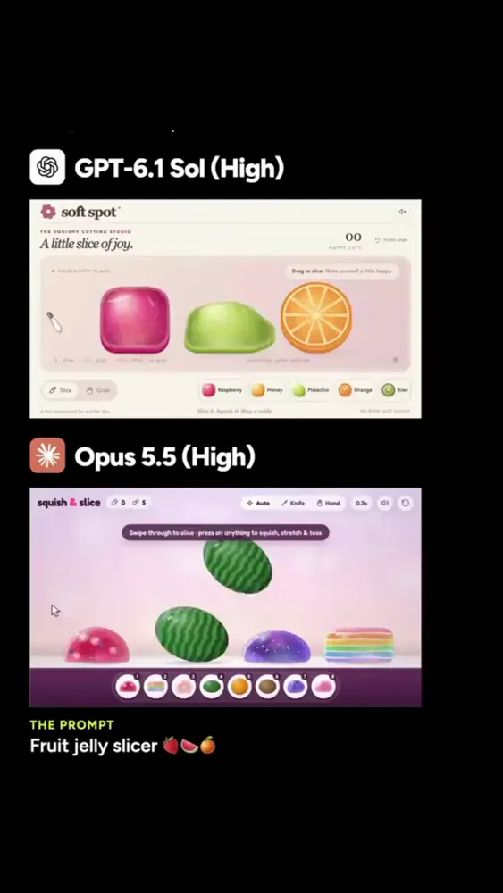 Fruit jelly slicer, GPT-6.1 Sol vs Opus: GPT-6.1 Sol vs Claude Opus 5.5