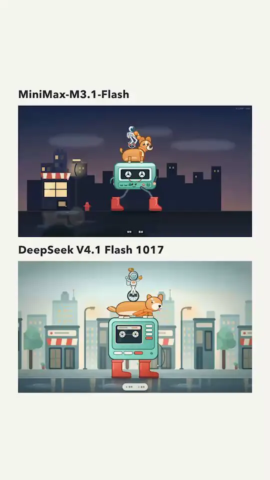 Animated scenes, MiniMax M3.1 Flash vs DeepSeek 1017: MiniMax M3.1 Flash vs DeepSeek V4.1 Flash 1017