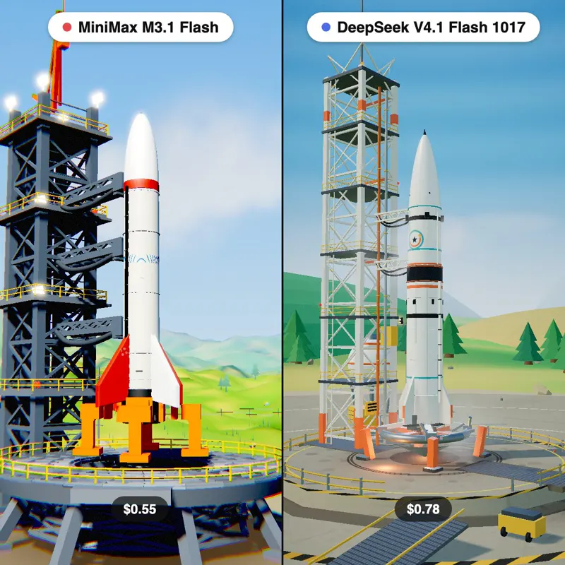 3D rocket launch, MiniMax M3.1 Flash vs DeepSeek 1017: MiniMax M3.1 Flash vs DeepSeek V4.1 Flash 1017