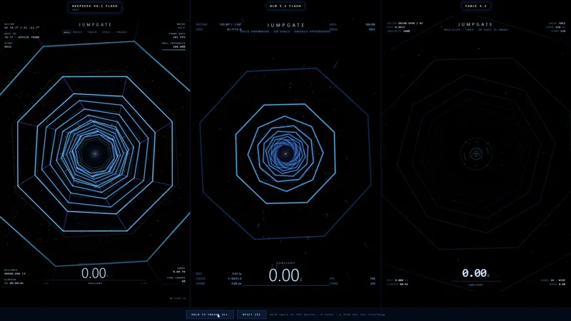 Jumpgate hyperspace jump, three models: DeepSeek V4.1 Flash 1017 vs GLM 5.3 Flash vs Claude Fable 5.1