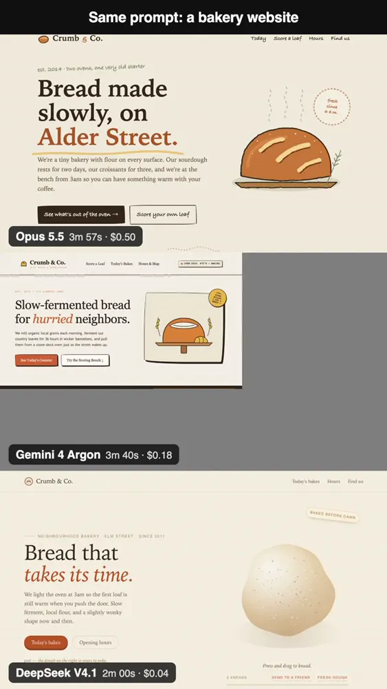 Bakery website, Opus vs Argon vs DeepSeek V4.1: Claude Opus 5.5 vs Gemini 4 Argon vs DeepSeek V4.1
