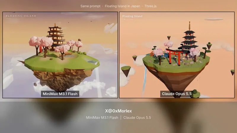Procedural floating island in Japan, one HTML file: MiniMax M3.1 Flash vs Claude Opus 5.5