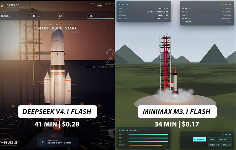 3D rocket launch in Three.js, simple prompt: DeepSeek V4.1 Flash 1017 vs MiniMax M3.1 Flash