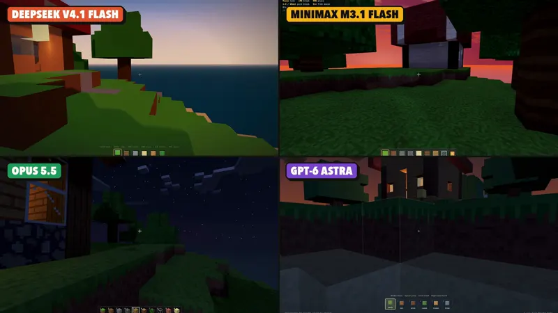 One-file Minecraft game, 4 models: DeepSeek V4.1 Flash 1017 vs MiniMax M3.1 Flash vs Claude Opus 5.5 vs GPT-6 Astra