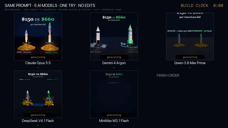 Animated rocket race explainer in one HTML file: 5 models