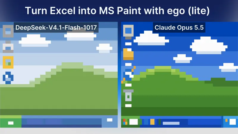 Windows XP desktop painted in Excel cells: DeepSeek V4.1 Flash 1017 vs Claude Opus 5.5