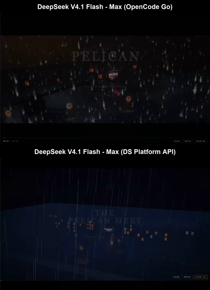Pelican Mafia: DeepSeek V4.1 Flash 1017, OpenCode vs API: DeepSeek V4.1 Flash 1017 vs DeepSeek V4.1 Flash 1017