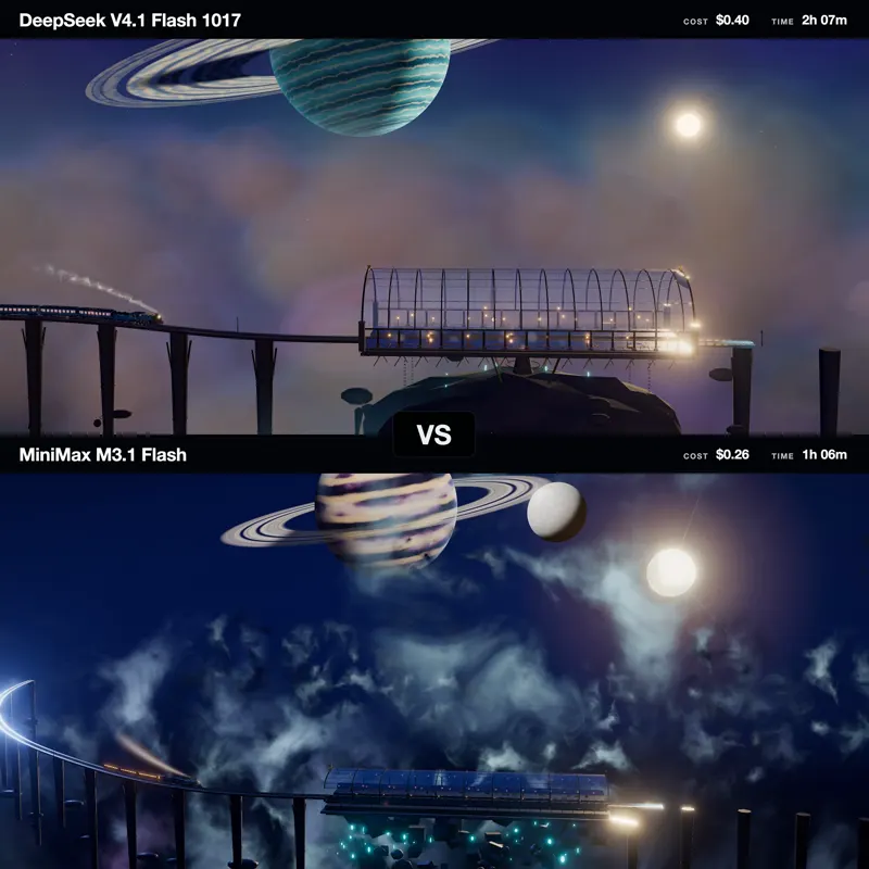 Space Train scene, two Flash models: DeepSeek V4.1 Flash 1017 vs MiniMax M3.1 Flash
