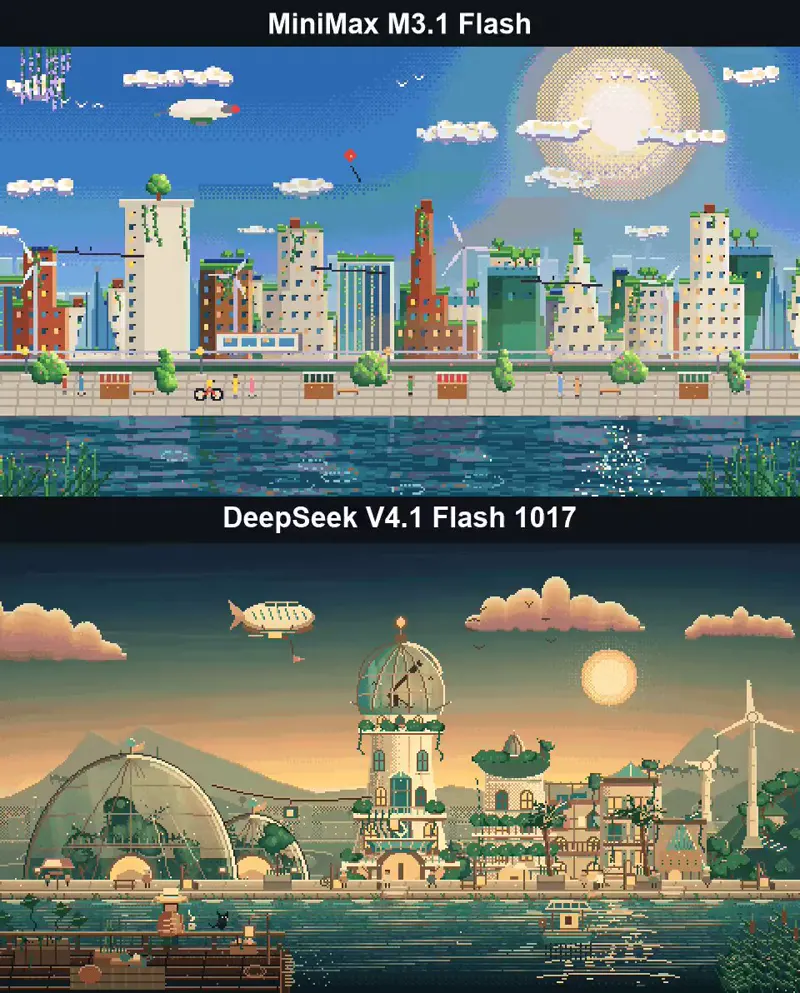Pixel-art seaside city, same prompt at max reasoning: MiniMax M3.1 Flash vs DeepSeek V4.1 Flash 1017