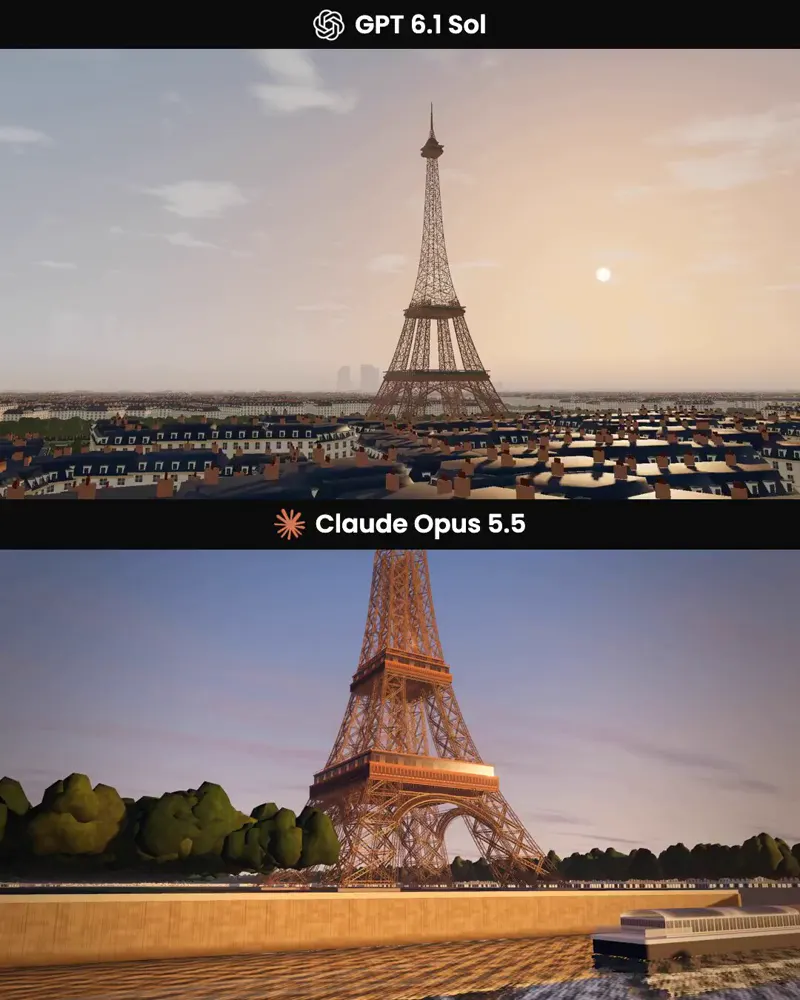 Eiffel Tower video effects, Claude Opus 5.5 vs GPT-6.1 Sol: GPT-6.1 Sol vs Claude Opus 5.5