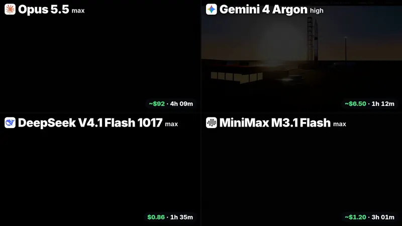 All-or-nothing rocket launch in code: Claude Opus 5.5 vs Gemini 4 Argon vs DeepSeek V4.1 Flash 1017 vs MiniMax M3.1 Flash