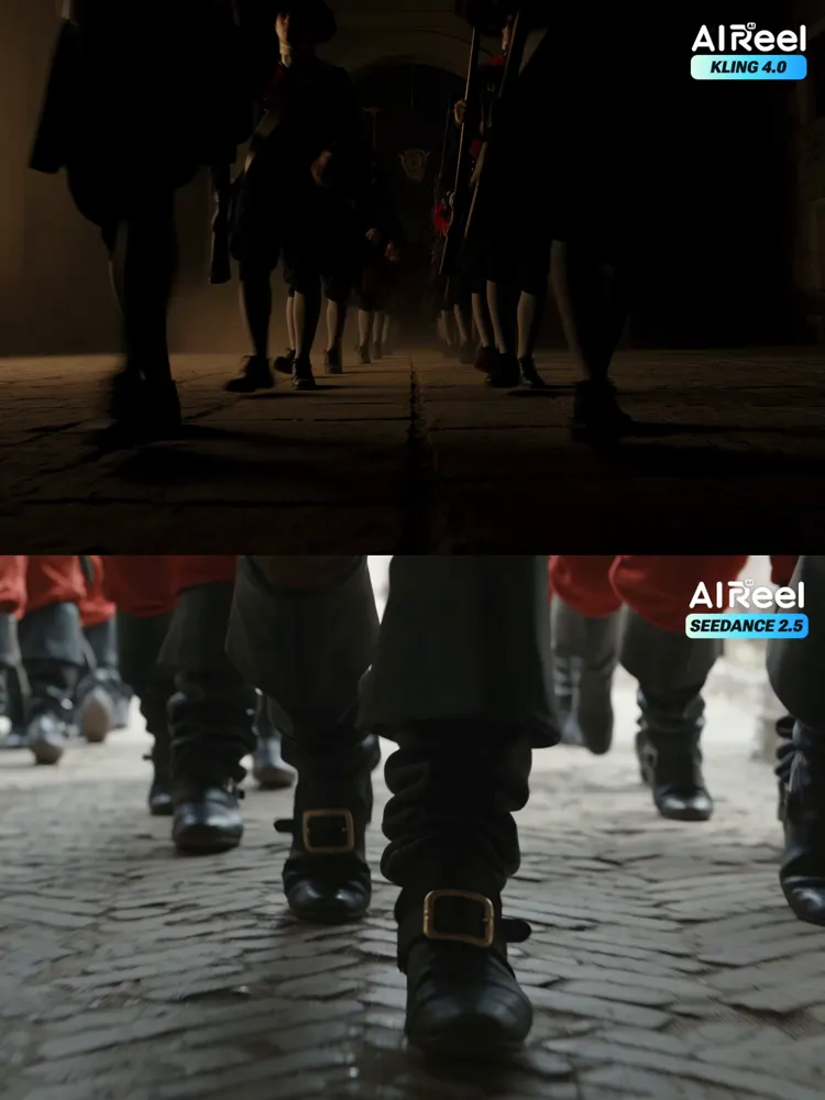 Boots on a cobblestone street: Kling 4.0 vs Seedance 2.5
