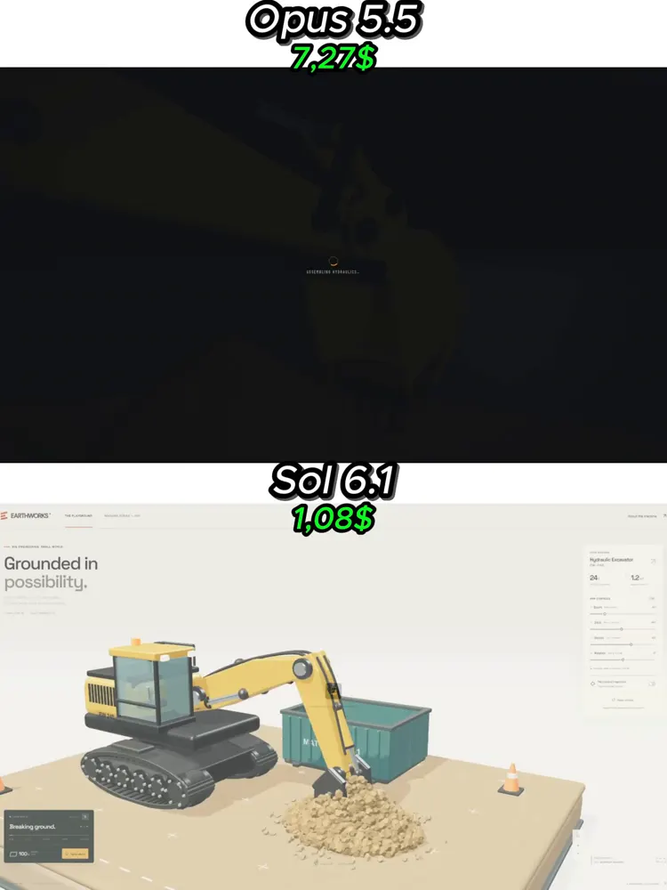 Working hydraulic excavator in Three.js, Opus vs Sol: Claude Opus 5.5 vs GPT-6.1 Sol