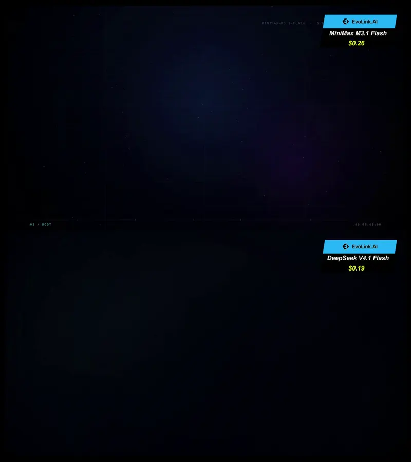 15-second motion graphics showreel, two Flash models: MiniMax M3.1 Flash vs DeepSeek V4.1 Flash 1017