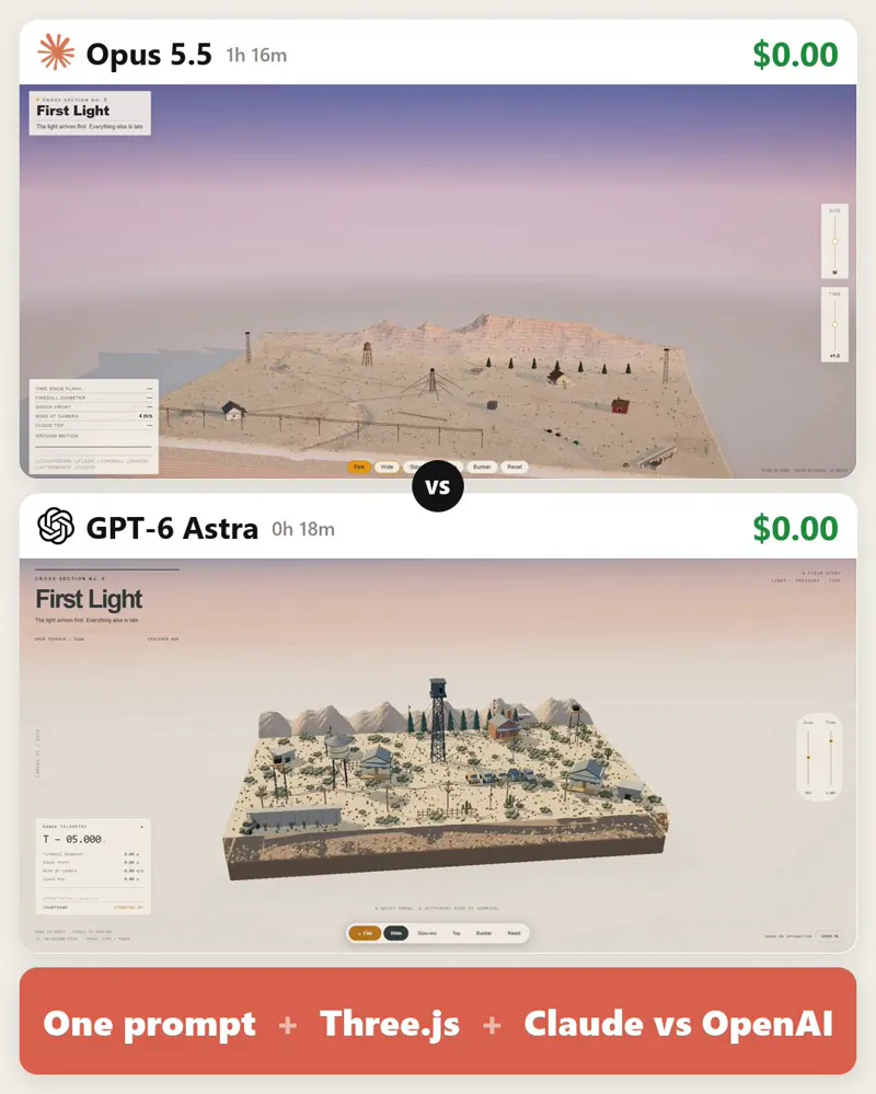 Desert nuclear test reconstruction, Opus vs Astra: Claude Opus 5.5 vs GPT-6 Astra