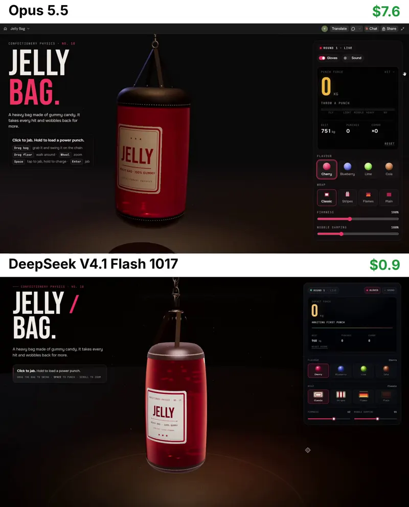 Jelly bag, Opus vs DeepSeek 1017 on max thinking: Claude Opus 5.5 vs DeepSeek V4.1 Flash 1017
