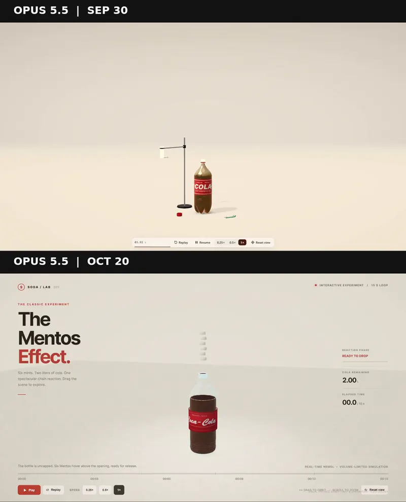 Mentos and cola eruption simulation: Claude Opus 5.5 (Sep 30 vs Oct 20)
