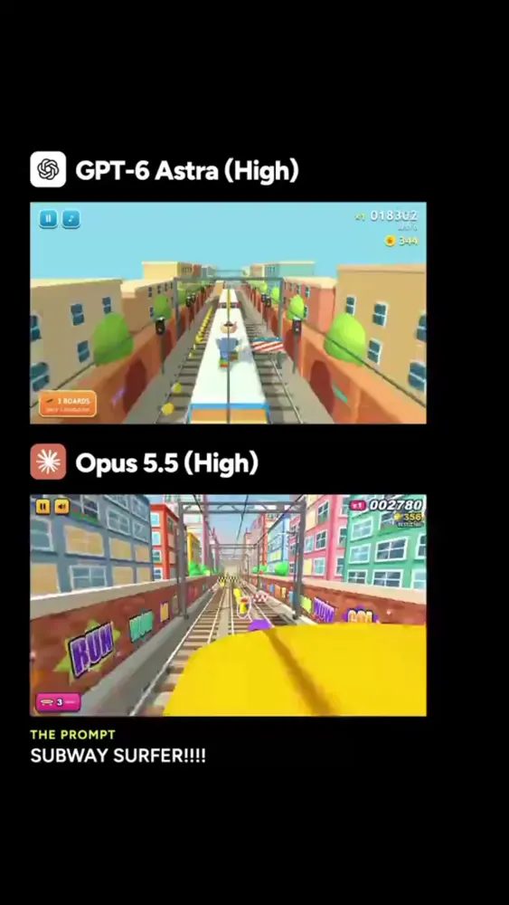 Subway Surfers clone from a two-word prompt: GPT-6 Astra vs Claude Opus 5.5