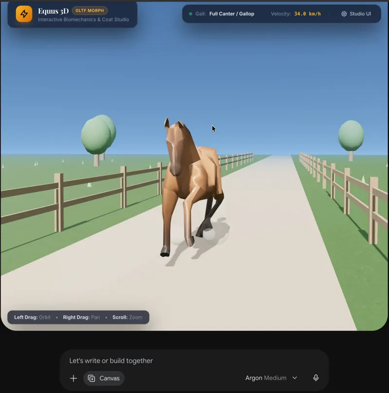 Realistic interactive 3D horse in Three.js, 3 models: Gemini 4 Argon vs GPT-6.1 Sol vs Claude Haiku 5.5