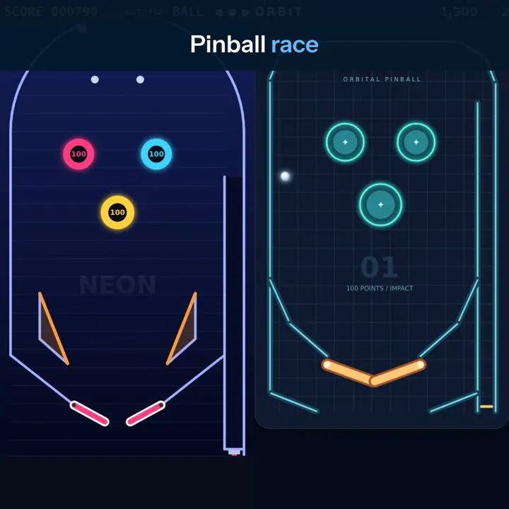 Self-playing pinball race, Claude Code vs Codex: Claude Opus 5.5 vs GPT-6.1 Sol
