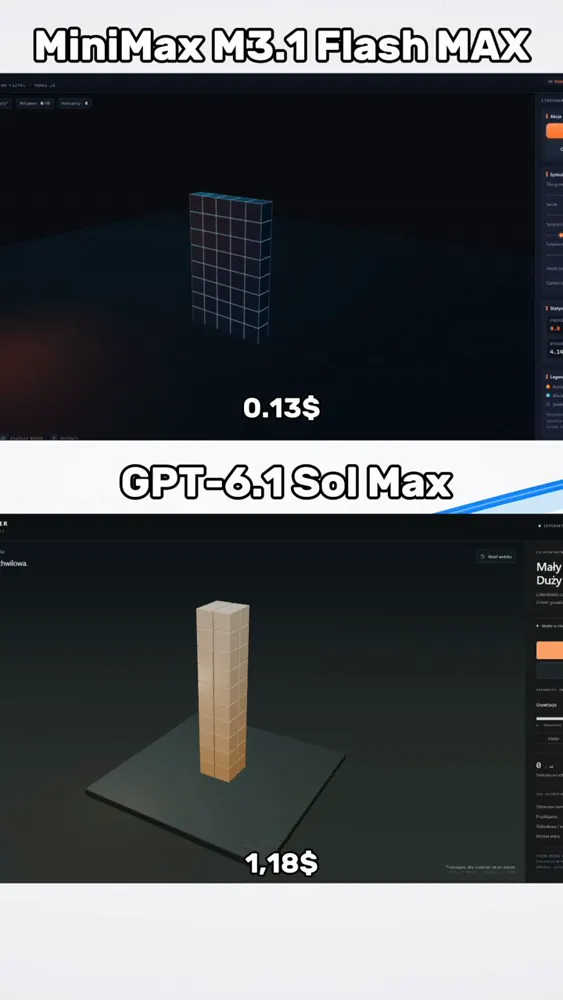 Physics simulator with a 40-block tower: MiniMax M3.1 Flash vs GPT-6.1 Sol