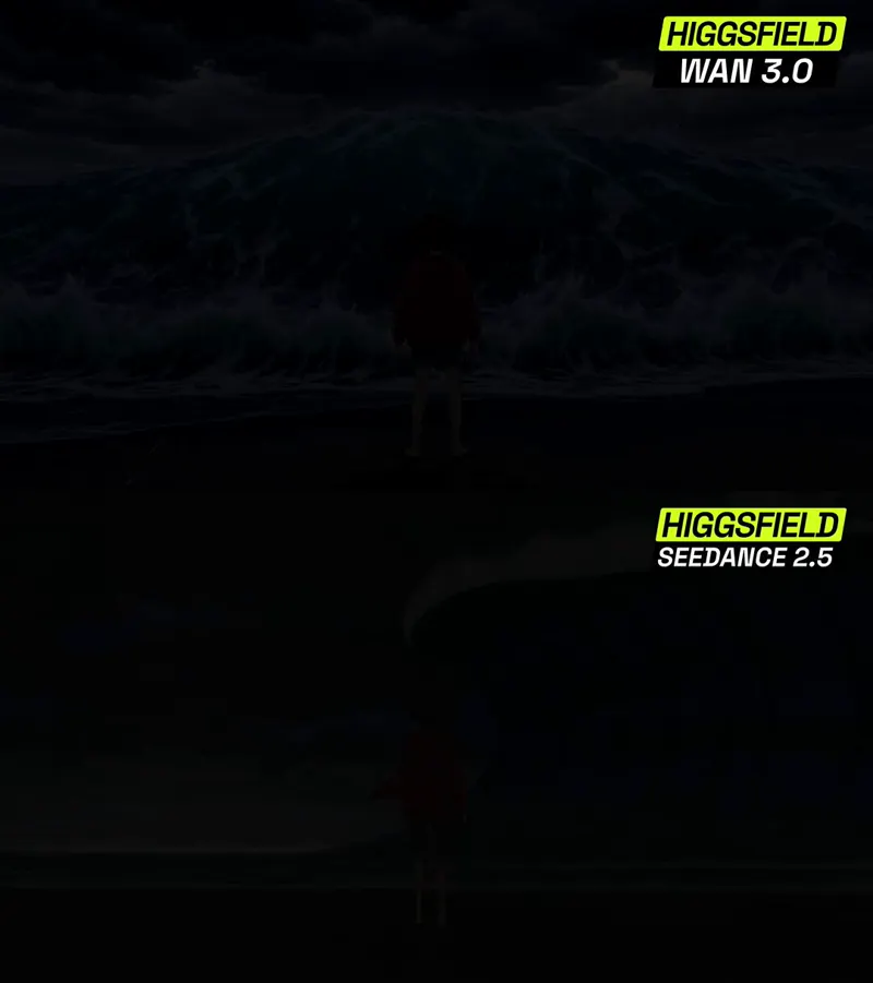 Anime storm wave shot, two video models: Wan 3.0 vs Seedance 2.5