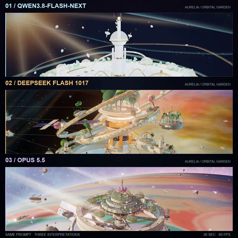 3D Orbital Garden, three models ranked: Qwen 3.8 Flash Next vs DeepSeek V4.1 Flash 1017 vs Claude Opus 5.5