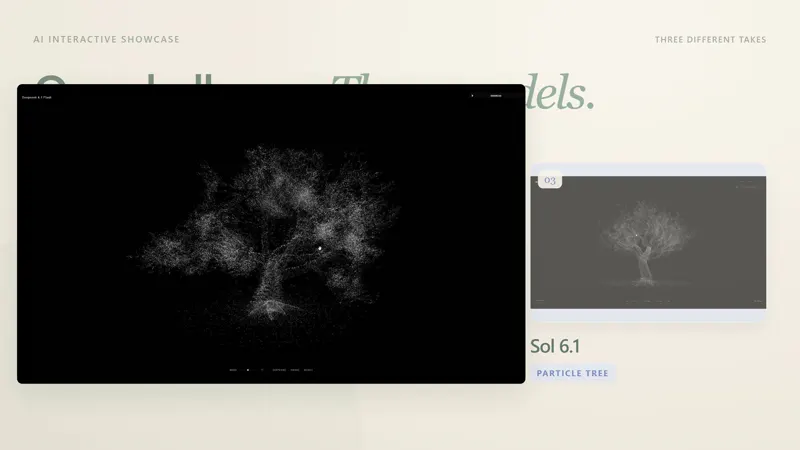 3D point cloud tree, 3 models with session stats: DeepSeek V4.1 Flash 1017 vs GPT-6.1 Sol vs MiniMax M3.1 Flash