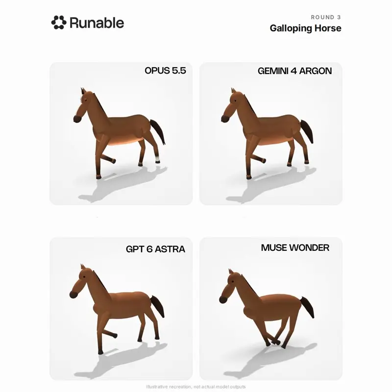 Galloping horse, four frontier models in a 2×2 grid: Claude Opus 5.5 vs Gemini 4 Argon vs GPT-6 Astra vs Muse Wonder 1.0