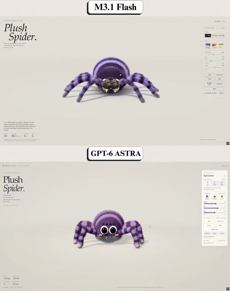 “Plush Spider” product page, same task: MiniMax M3.1 Flash vs GPT-6 Astra