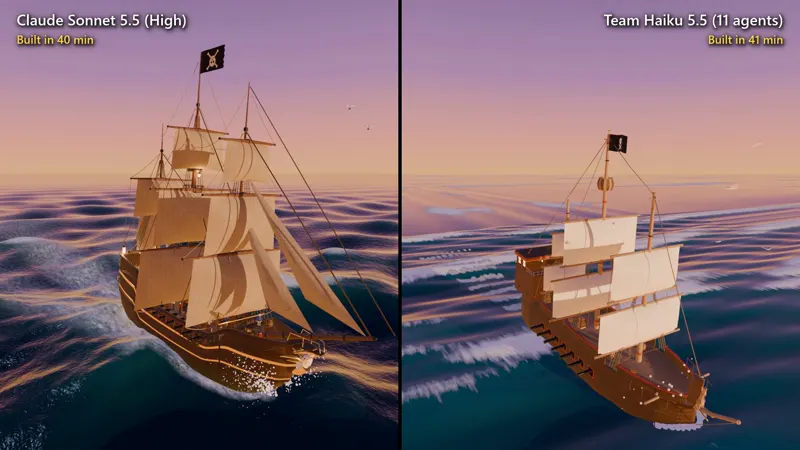 Pirate ship at sunset in Blender, solo vs 11-agent team: Claude Sonnet 5.5 vs Claude Haiku 5.5